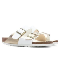 Birkenstock Women's Narrow Arizona Split Birko-Flor - White/Gold -Birkenstock Store Birkenstock Women s Narrow Arizona Split Birko Flor White Gold 1019996 02 11 2022 01 2