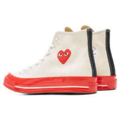 Converse X Comme Des Garcons PLAY All Star Chuck '70 Hi Red Sole - White -Birkenstock Store Converse x Comme Des Garcons PLAY All Star Chuck 70 Hi Red Sole White A01794C 06 02 22 Feature JORDAN 3