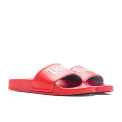 Palm Angels Kid's Pool Slider - Red/White -Birkenstock Store Palm Angels Kid s Pool Slider Red White PBIC001C99MAT0012501 05 07 23 Feature VR 9